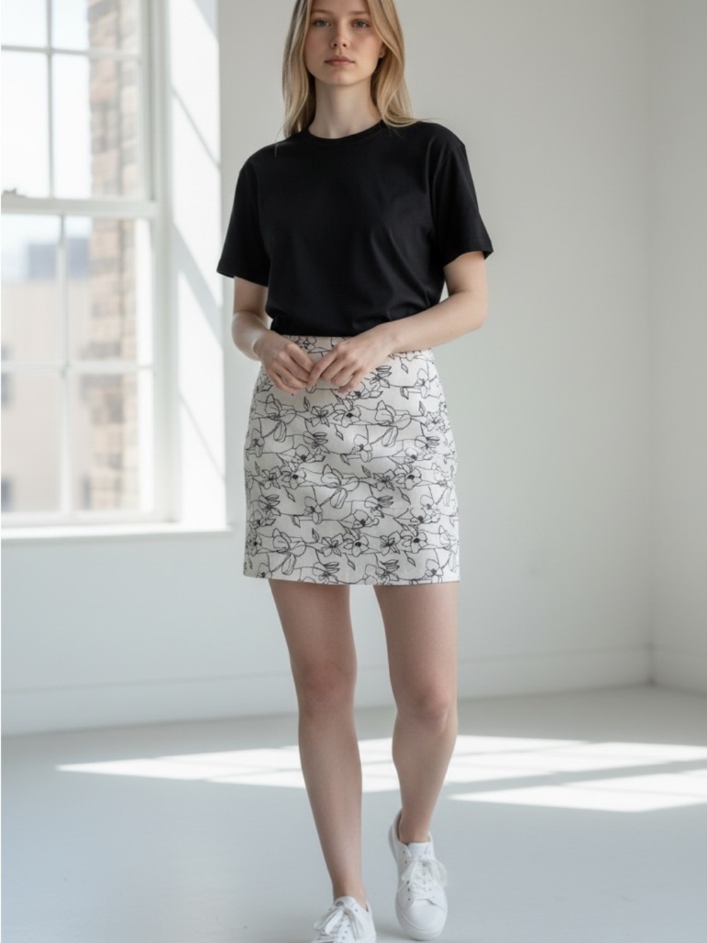 Chico's White Mini Skirt with Black Floral Outline
